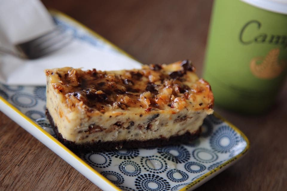 a piece of chocolate and baklava cheesecake